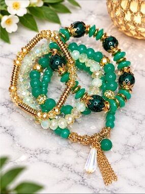 FRIENDSHIP BRACELETS 5 Strands Tan Crystal and Aqua Stone Stretchy TAYLOR SWIFT